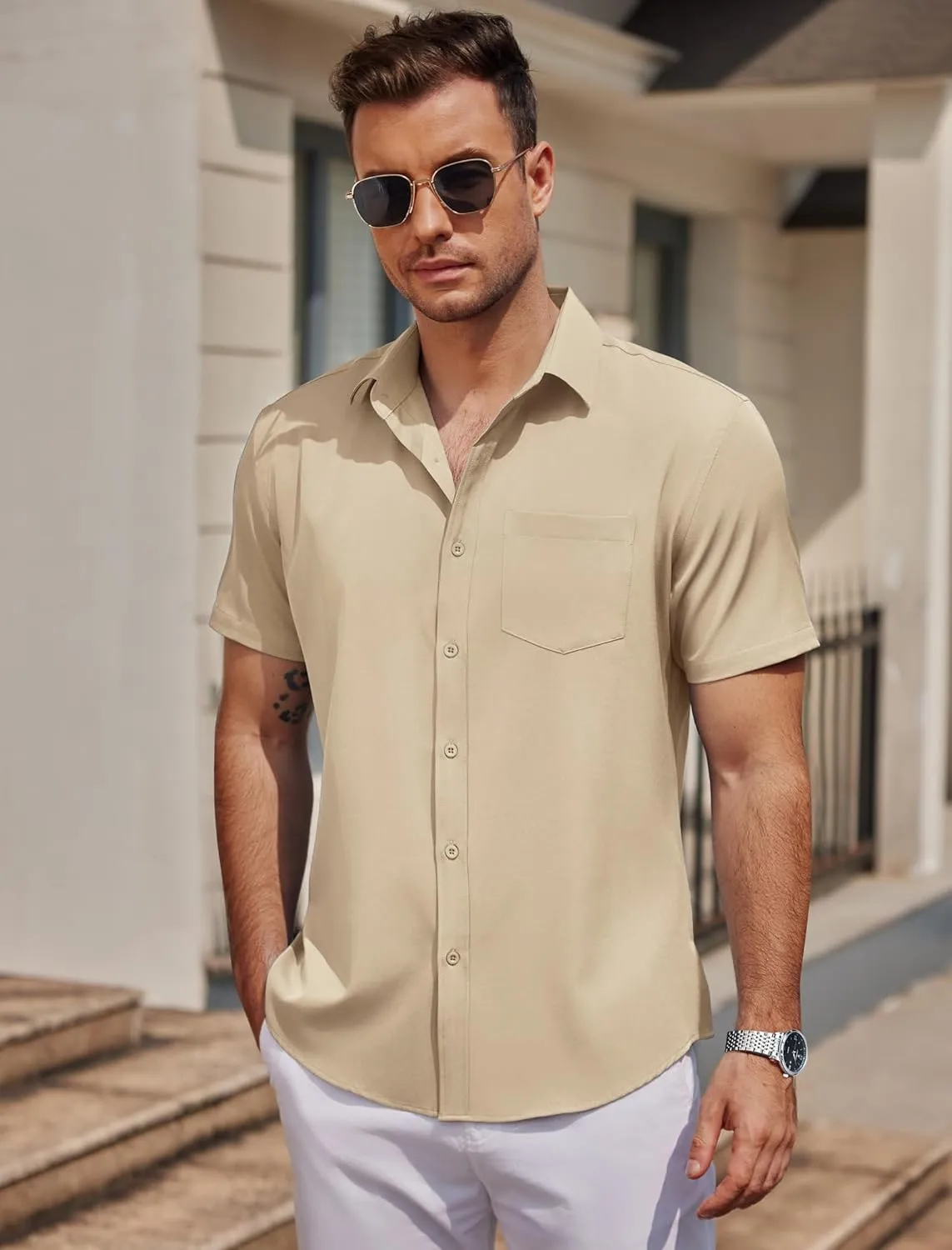 COOFANDY Mens Casual Button Down Shirts Short Sleeve Business Shirts Lightweight Wrinkle Free Dress Shirts