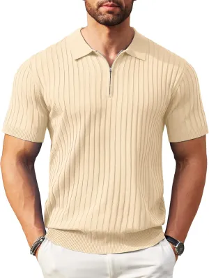 COOFANDY Men's Zipper Polo Shirts Short Sleeve Ribbed Knit Polo T Shirts Fashion Casual Golf Shirts