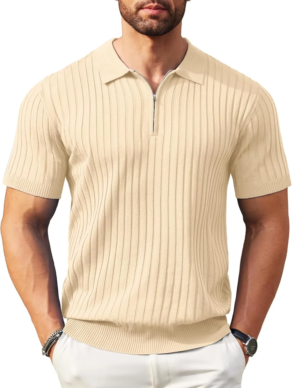 COOFANDY Men's Zipper Polo Shirts Short Sleeve Ribbed Knit Polo T Shirts Fashion Casual Golf Shirts