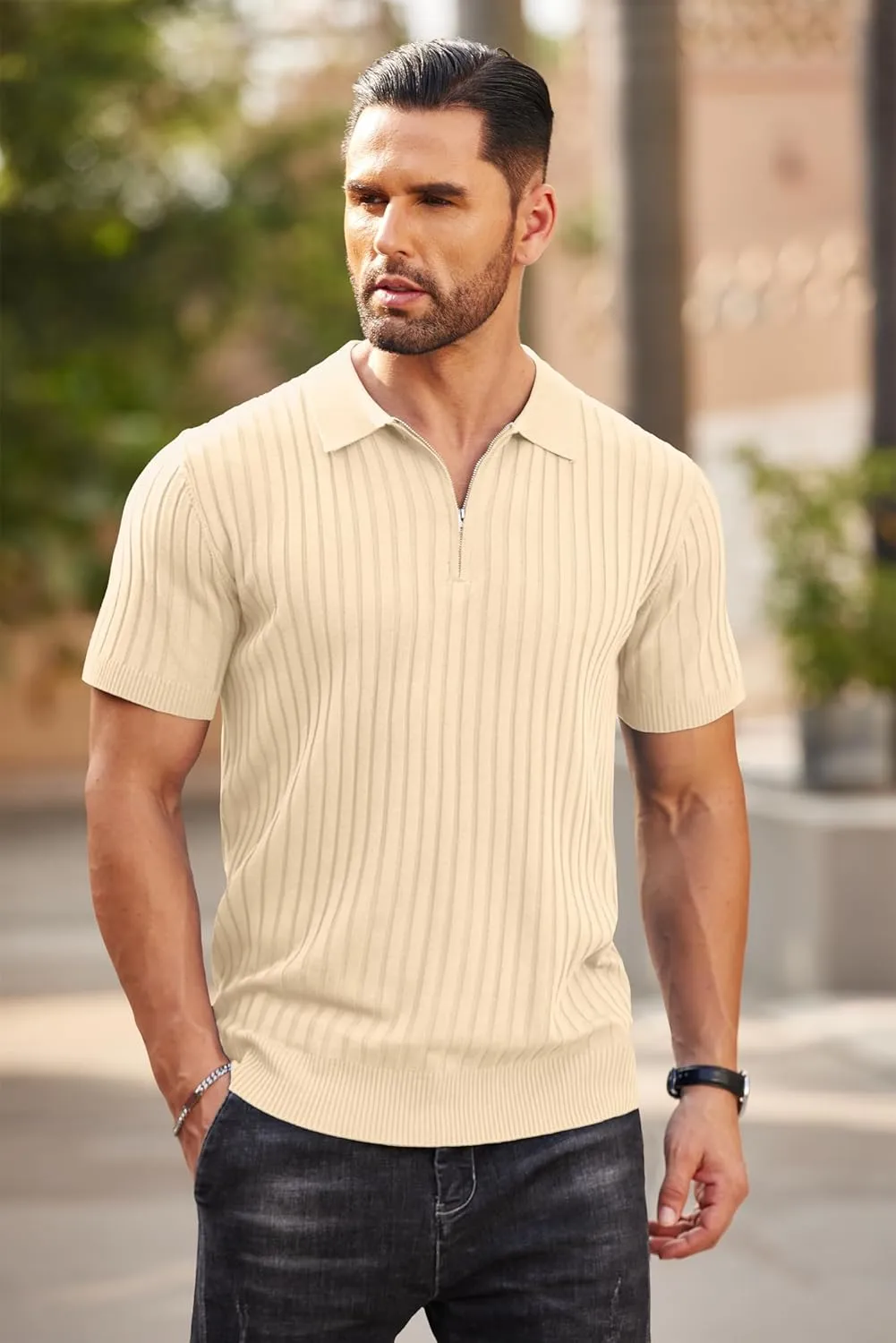COOFANDY Men's Zipper Polo Shirts Short Sleeve Ribbed Knit Polo T Shirts Fashion Casual Golf Shirts