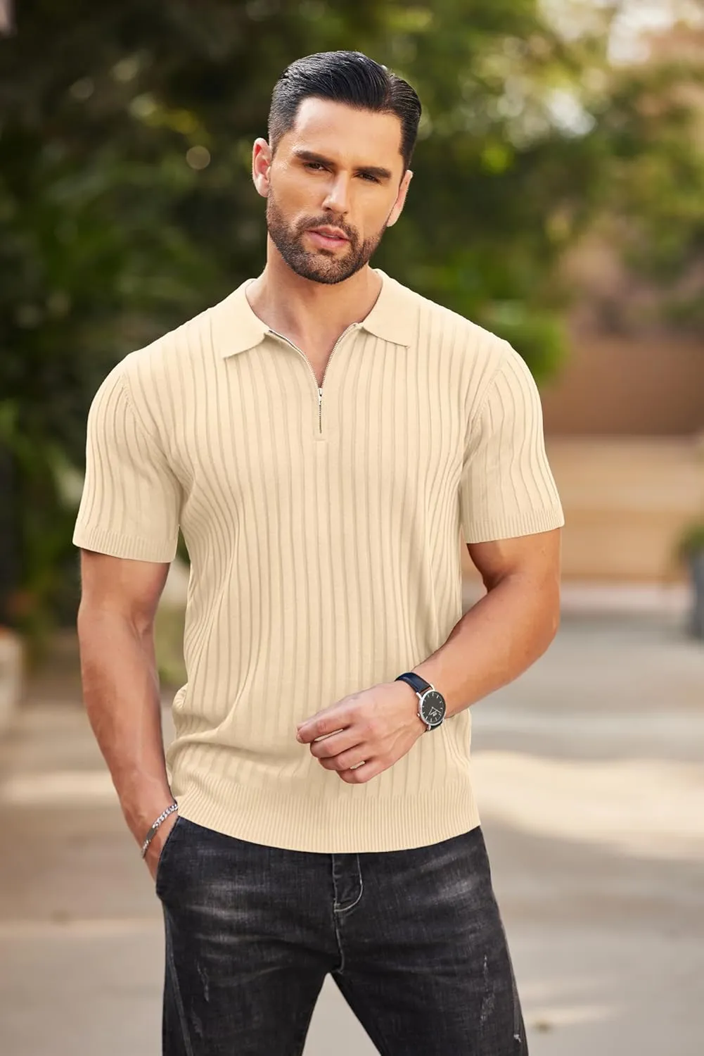 COOFANDY Men's Zipper Polo Shirts Short Sleeve Ribbed Knit Polo T Shirts Fashion Casual Golf Shirts