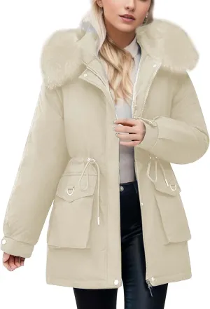 cooki Womens Winter Coats Lightweight Puffer Jacket Warm Quilted Padded Hood Coat with Faux Fur Collar Cropped Down Coats