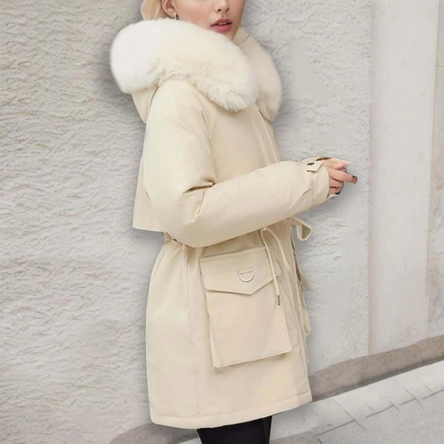 cooki Womens Winter Coats Lightweight Puffer Jacket Warm Quilted Padded Hood Coat with Faux Fur Collar Cropped Down Coats