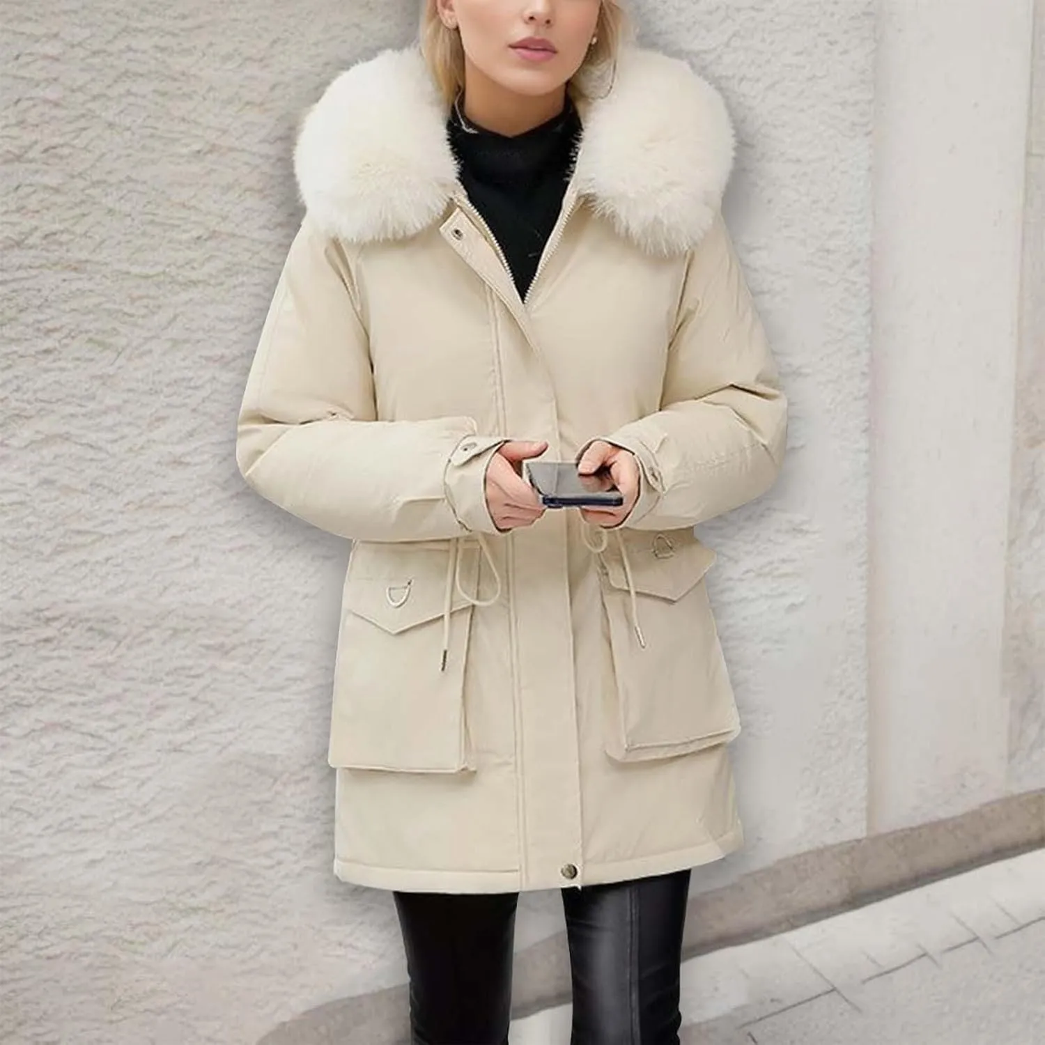 cooki Womens Winter Coats Lightweight Puffer Jacket Warm Quilted Padded Hood Coat with Faux Fur Collar Cropped Down Coats