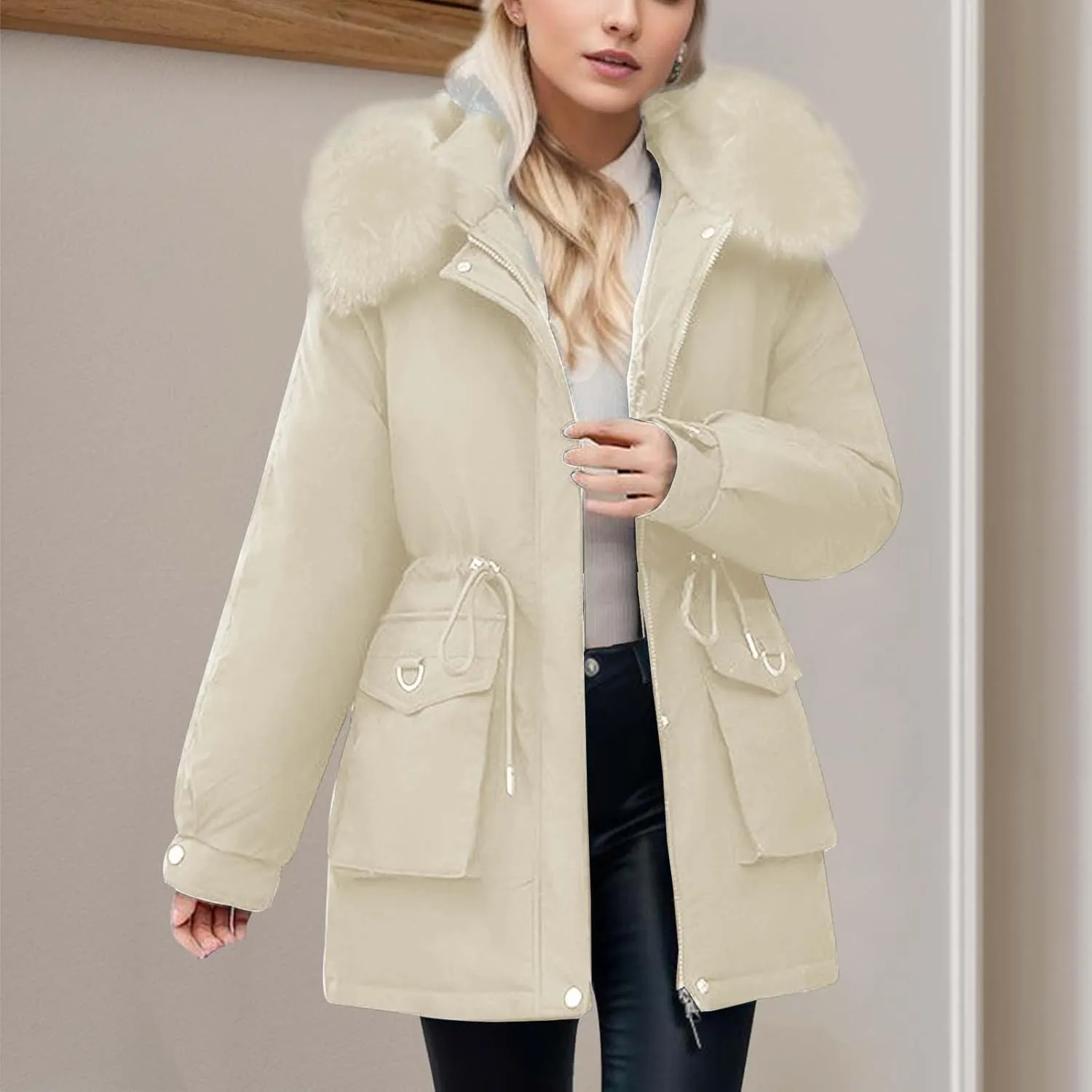 cooki Womens Winter Coats Lightweight Puffer Jacket Warm Quilted Padded Hood Coat with Faux Fur Collar Cropped Down Coats