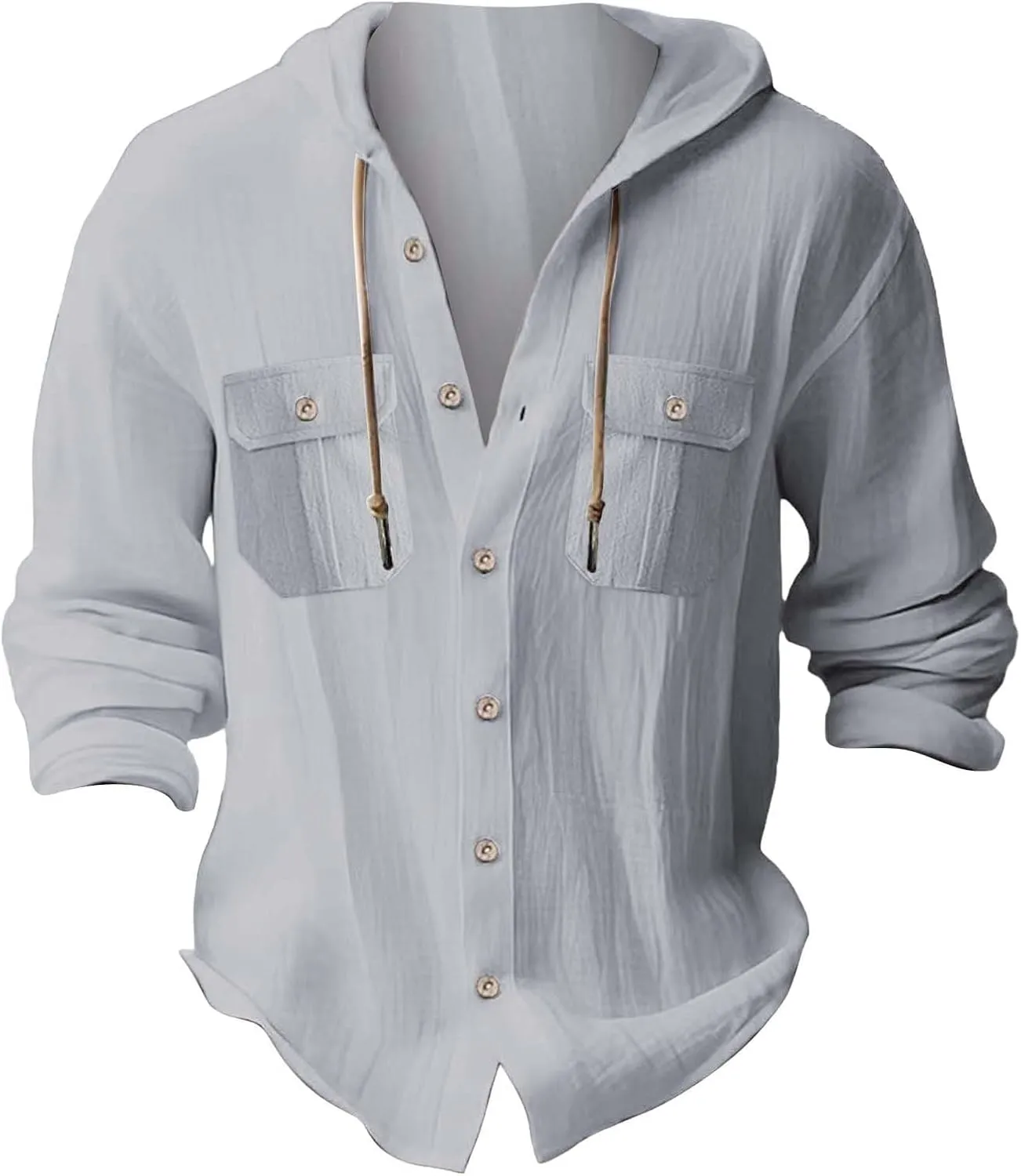 Cotton Linen Shirts for Men Long Sleeve Button Up Casual Loose Tee Shirt Drawstring Solid Color Dressy Blouse Top