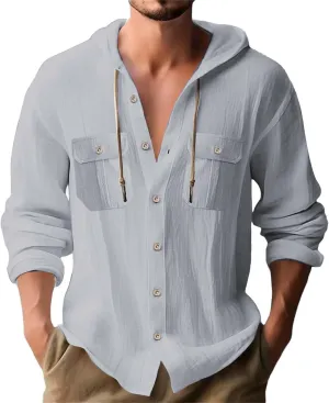 Cotton Linen Shirts for Men Long Sleeve Button Up Casual Loose Tee Shirt Drawstring Solid Color Dressy Blouse Top