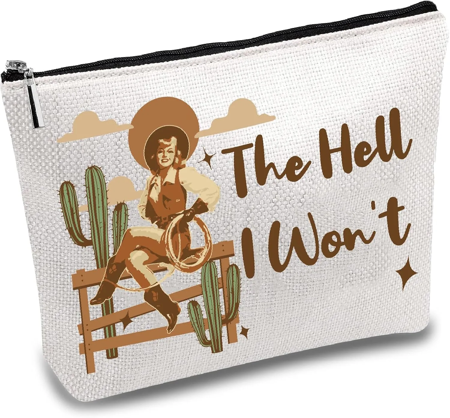 CREATCABIN Cowgirl Western Makeup Bags Canvas Cosmetic Bag Multi Purpose Case Zipper Pouches Toiletry Travel Washing Bag Purse Portable Storage Organizer for Women Friends 10x7Inch-The Hell I Won't