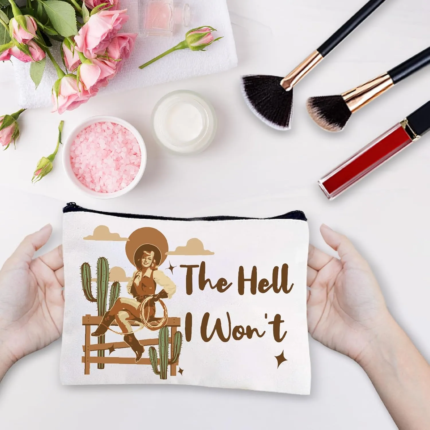 CREATCABIN Cowgirl Western Makeup Bags Canvas Cosmetic Bag Multi Purpose Case Zipper Pouches Toiletry Travel Washing Bag Purse Portable Storage Organizer for Women Friends 10x7Inch-The Hell I Won't