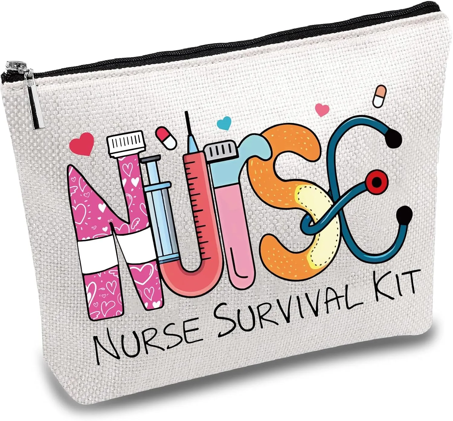 CREATCABIN Nursing Makeup Bags Nurse Survival Kit Canvas Cosmetic Bag Multi Purpose Pencil Case with Metal Zipper Bag Toiletry Travel Purse Pouches Gifts for Women Nursing Supplies 10 x 7Inch