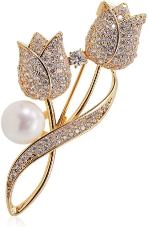 Crystal Pearl Tulip Brooches for Women Chest Flower Bridesmaid Wedding Jewelry Clothing Dress Accessories Jewelry Gift