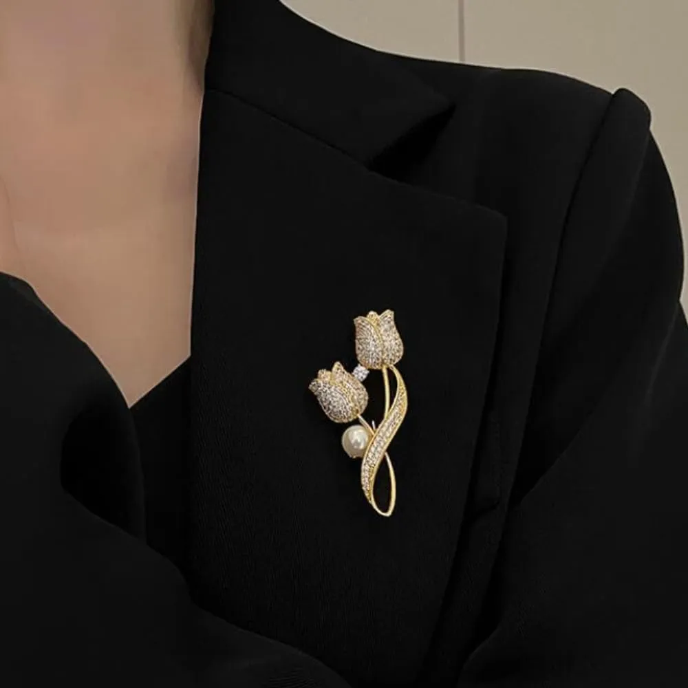 Crystal Pearl Tulip Brooches for Women Chest Flower Bridesmaid Wedding Jewelry Clothing Dress Accessories Jewelry Gift