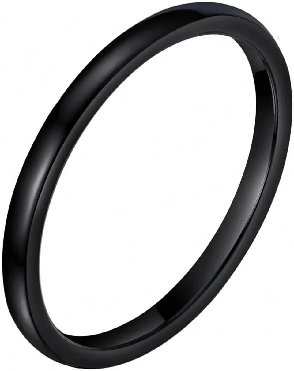 Cute 2 mm Thin Black Ceramic Ring Women Stacking Rings Polished Dome Wedding Engagement Band Female Finger Knuckle Jewelry