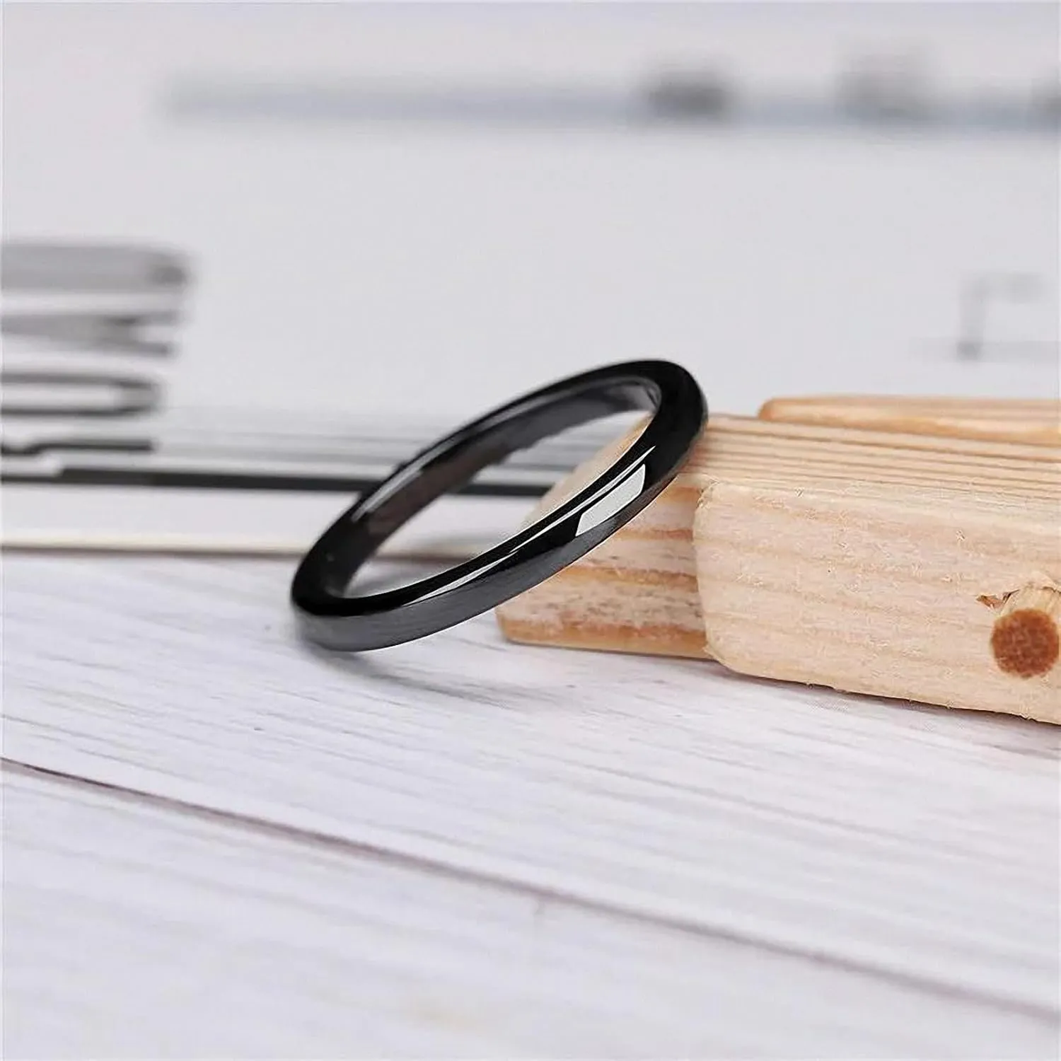 Cute 2 mm Thin Black Ceramic Ring Women Stacking Rings Polished Dome Wedding Engagement Band Female Finger Knuckle Jewelry