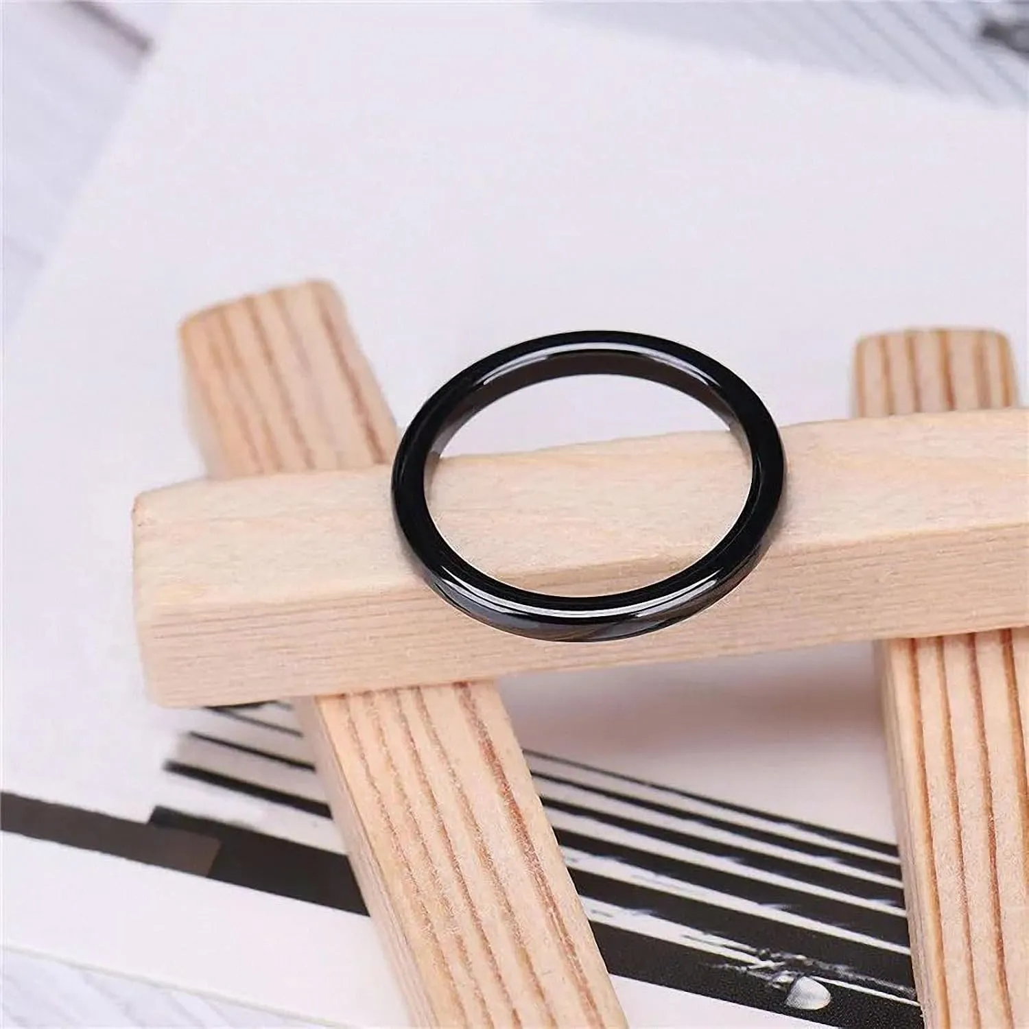 Cute 2 mm Thin Black Ceramic Ring Women Stacking Rings Polished Dome Wedding Engagement Band Female Finger Knuckle Jewelry