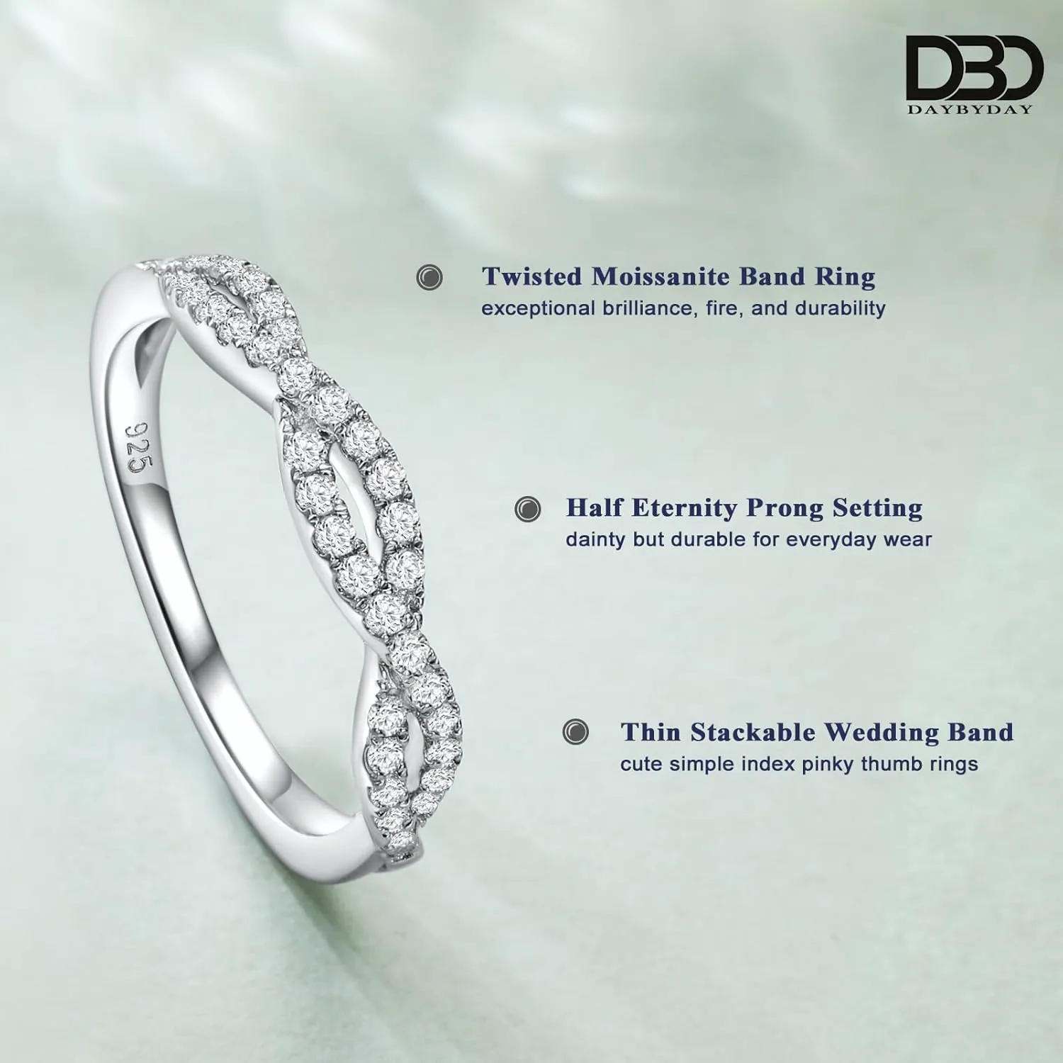 DAYBYDAY Moissanite Wedding Band 925 Sterling Silver Channel Set/Twisted Diamond Band Ring, Thin Stackable Half Eternity Rings for Women