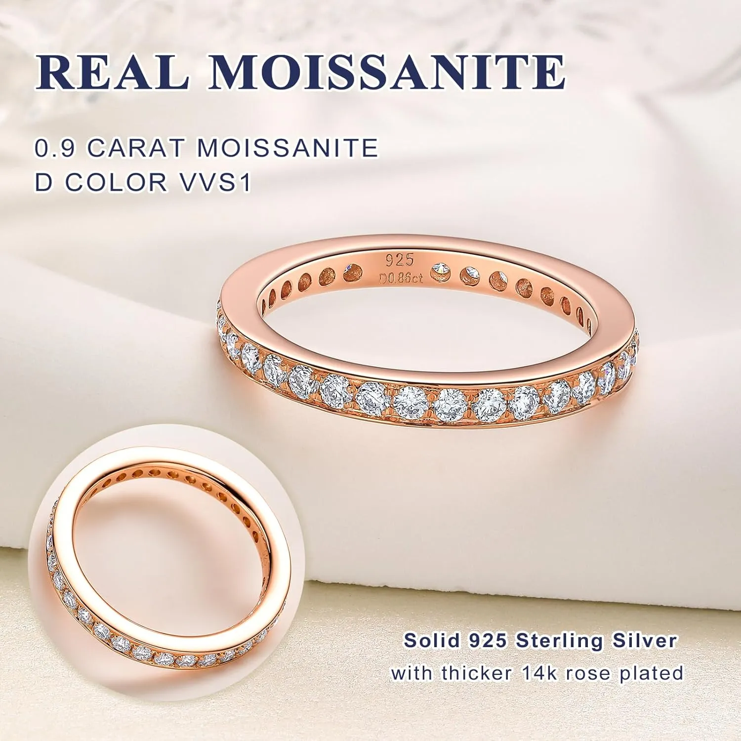 DAYBYDAY Moissanite Wedding Band 925 Sterling Silver Channel Set/Twisted Diamond Band Ring, Thin Stackable Half Eternity Rings for Women