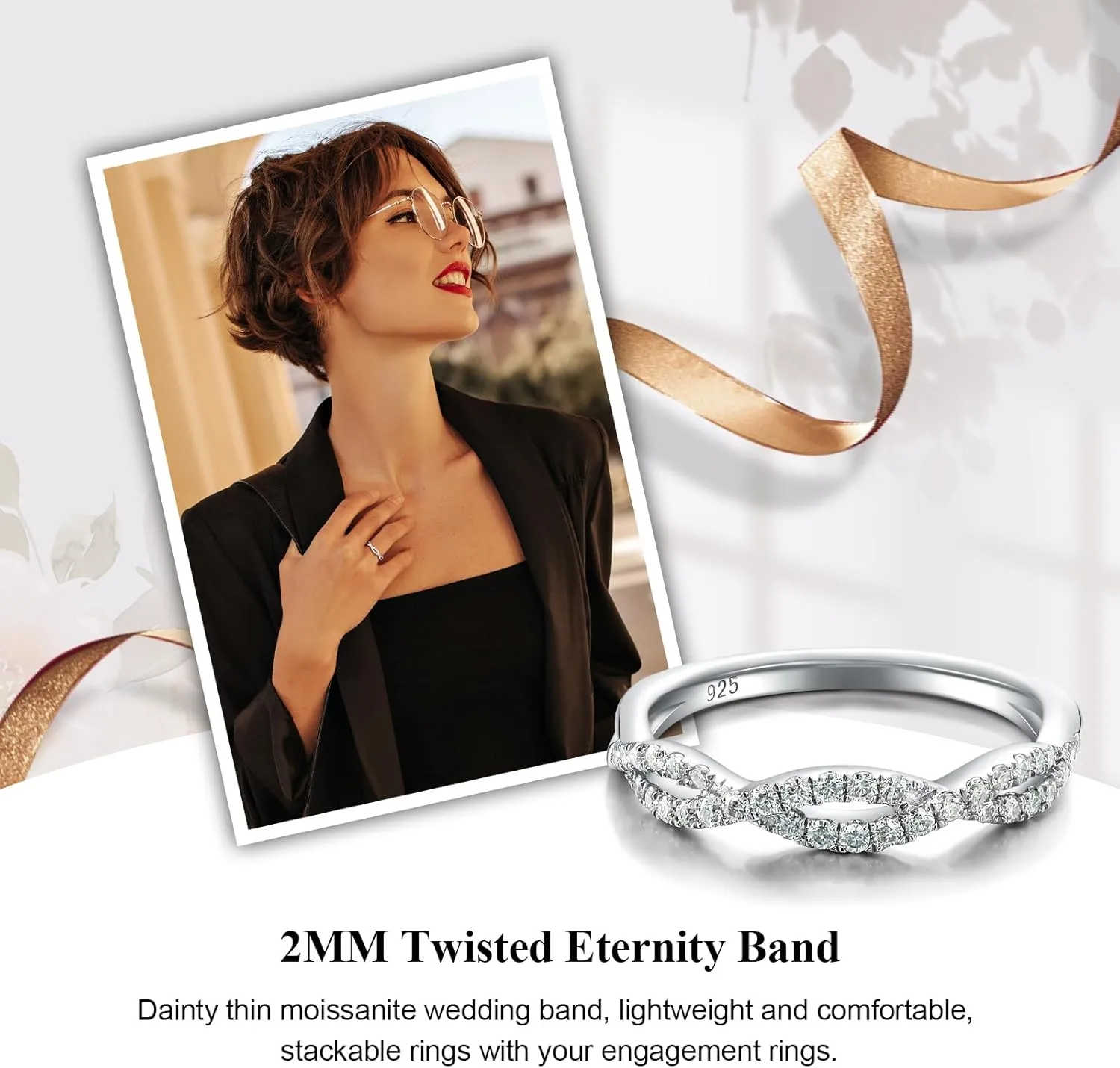 DAYBYDAY Moissanite Wedding Band 925 Sterling Silver Channel Set/Twisted Diamond Band Ring, Thin Stackable Half Eternity Rings for Women