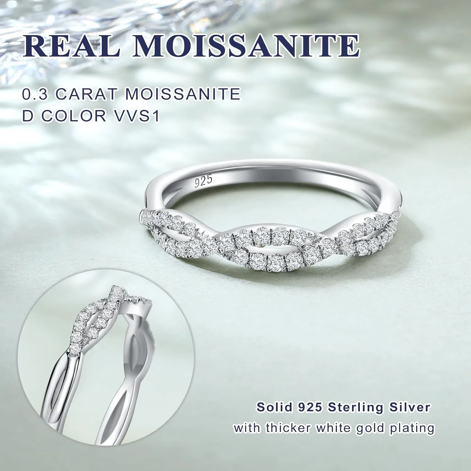 DAYBYDAY Moissanite Wedding Band 925 Sterling Silver Channel Set/Twisted Diamond Band Ring, Thin Stackable Half Eternity Rings for Women