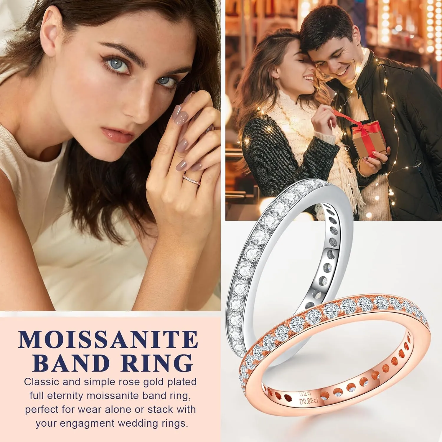 DAYBYDAY Moissanite Wedding Band 925 Sterling Silver Channel Set/Twisted Diamond Band Ring, Thin Stackable Half Eternity Rings for Women