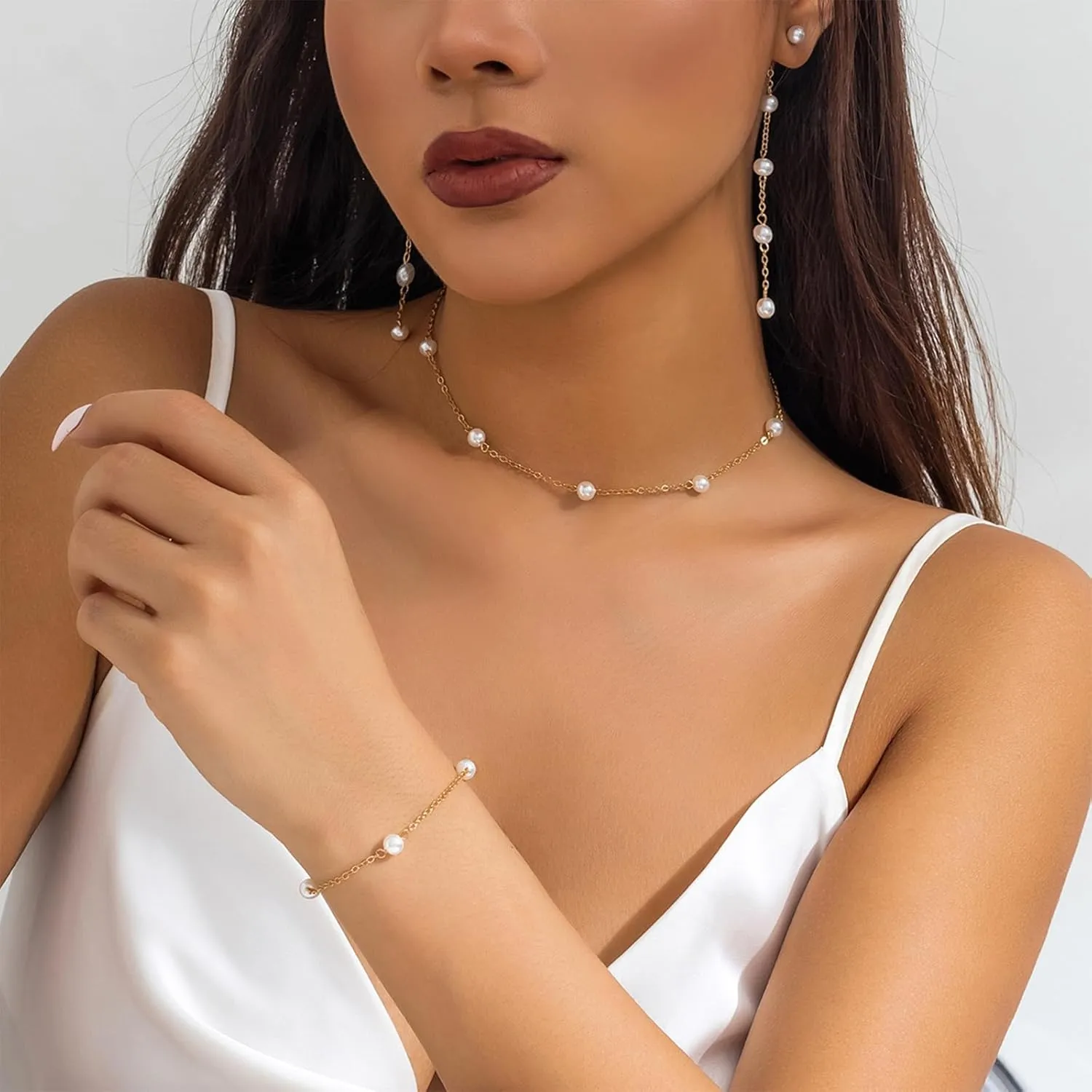 Dcfywl731 Pearl Jewelry Set for Women Pearls Necklace and Earring Set Chunky Pearl Necklaces for Women Prom Jewelry Big Pearls Charm Choker Wedding Jewelry Sets for Brides