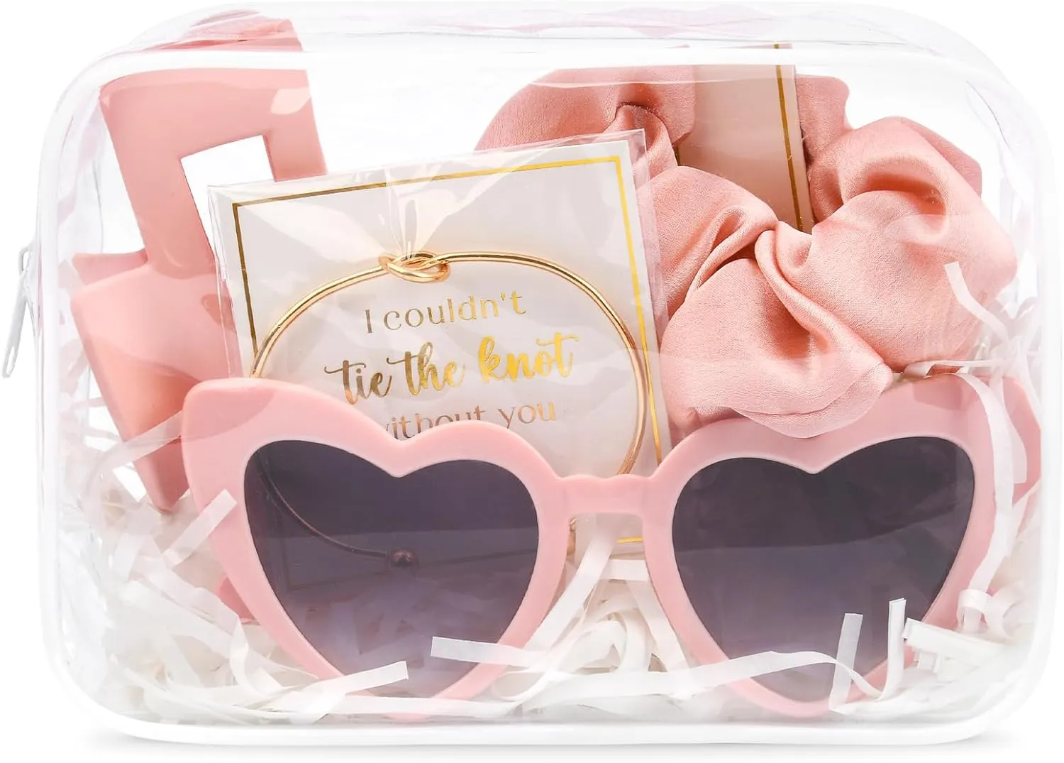 DEEKA 5 Pcs Bridesmaid Proposal Bag Set Gift Clear Makeup Toiletry Bag Bachelorette Party Favors Sunglasses Hair Claw Clips Scrunchies Knot Bracelets Bridal Wedding Party Gifts (Pink)