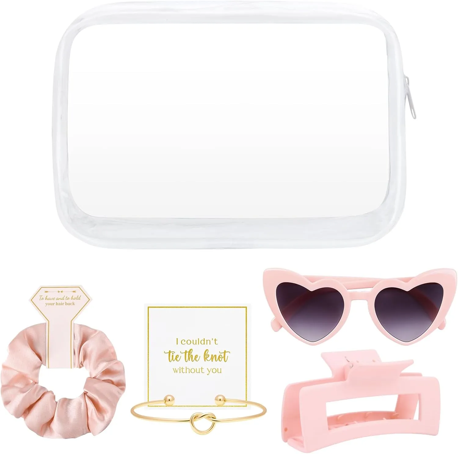 DEEKA 5 Pcs Bridesmaid Proposal Bag Set Gift Clear Makeup Toiletry Bag Bachelorette Party Favors Sunglasses Hair Claw Clips Scrunchies Knot Bracelets Bridal Wedding Party Gifts (Pink)