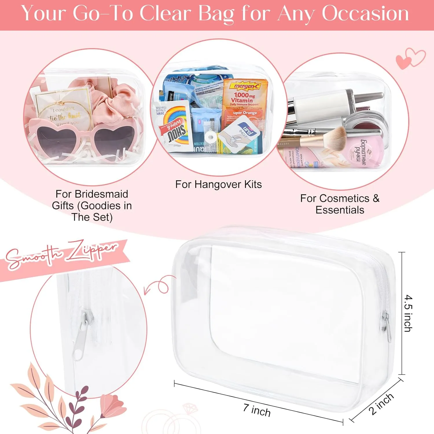 DEEKA 5 Pcs Bridesmaid Proposal Bag Set Gift Clear Makeup Toiletry Bag Bachelorette Party Favors Sunglasses Hair Claw Clips Scrunchies Knot Bracelets Bridal Wedding Party Gifts (Pink)