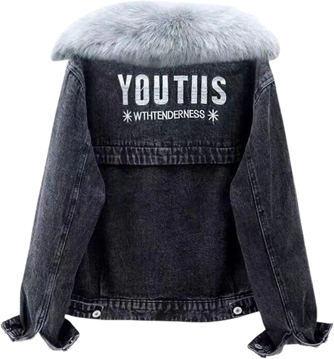 Denim Fleece Jacket for Women Long Sleeve Botton Up Plain Plush Coat with Pocket Winter Loose Fit Turn Down Collar Trendy