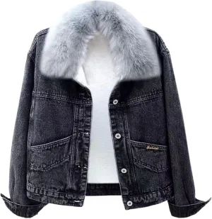 Denim Fleece Jacket for Women Long Sleeve Botton Up Plain Plush Coat with Pocket Winter Loose Fit Turn Down Collar Trendy