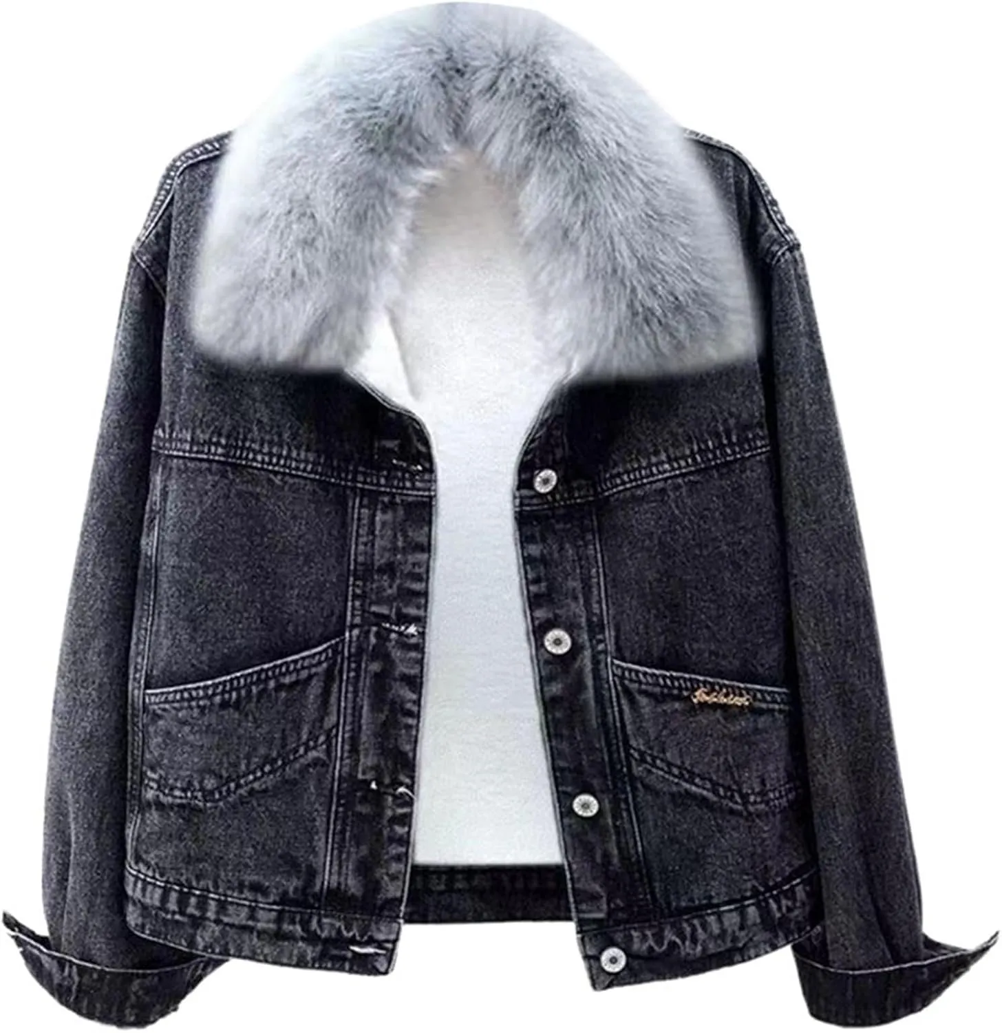 Denim Fleece Jacket for Women Long Sleeve Botton Up Plain Plush Coat with Pocket Winter Loose Fit Turn Down Collar Trendy
