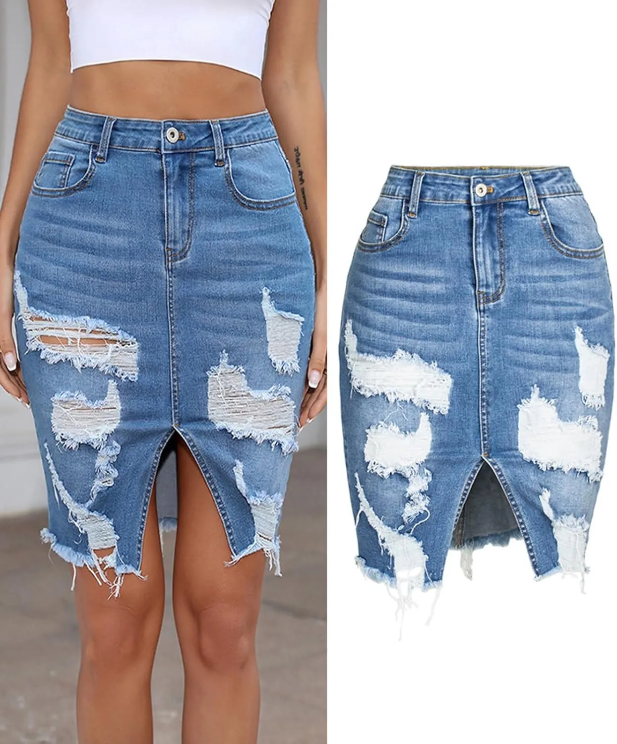 Denim Skirt for Women 2025 High Waisted Stretchy Ripped Distressed Jean Skirts Tight Short Jeans Bottoms with Slit