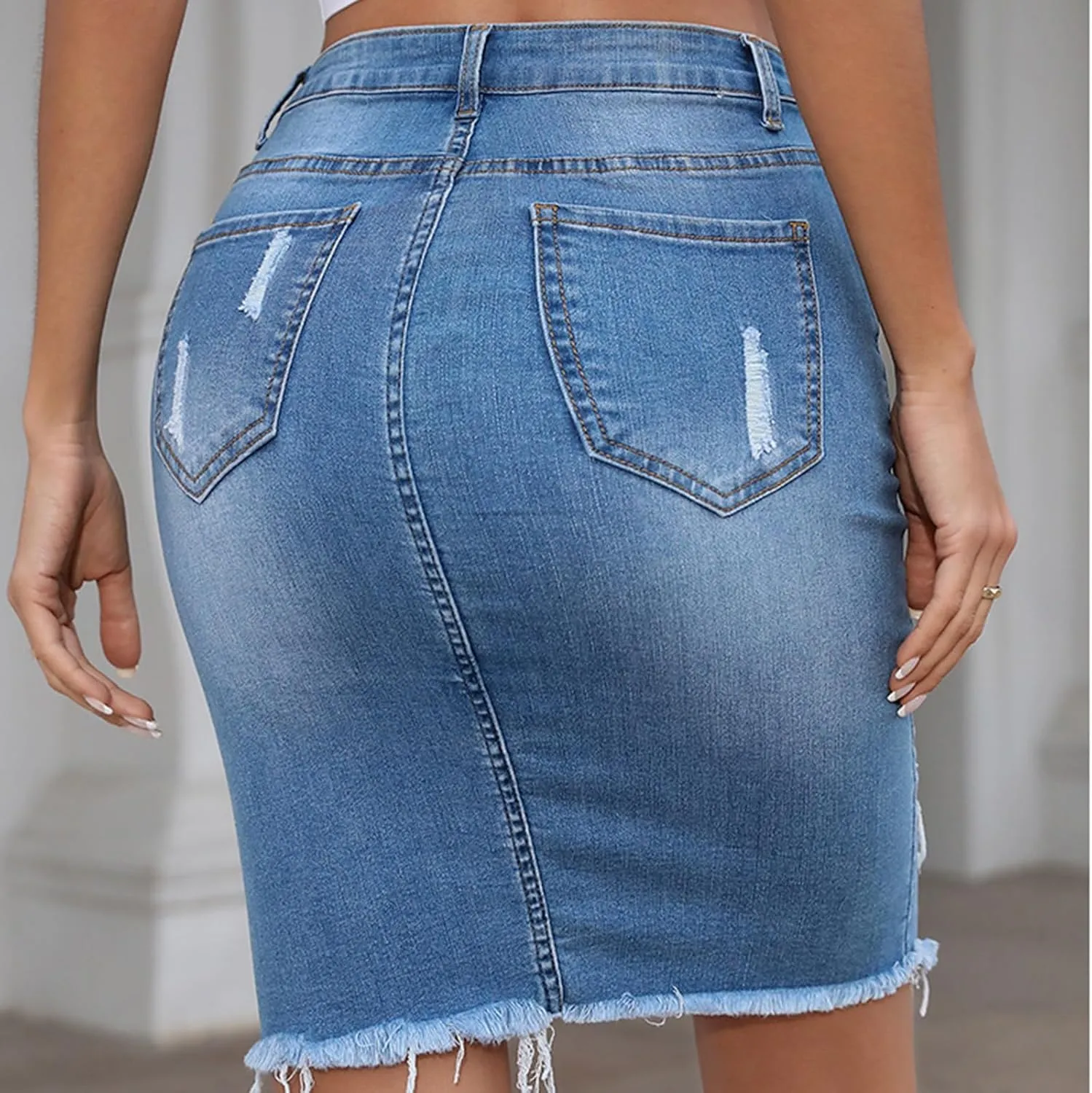 Denim Skirt for Women 2025 High Waisted Stretchy Ripped Distressed Jean Skirts Tight Short Jeans Bottoms with Slit