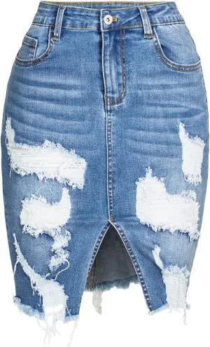 Denim Skirt for Women 2025 High Waisted Stretchy Ripped Distressed Jean Skirts Tight Short Jeans Bottoms with Slit