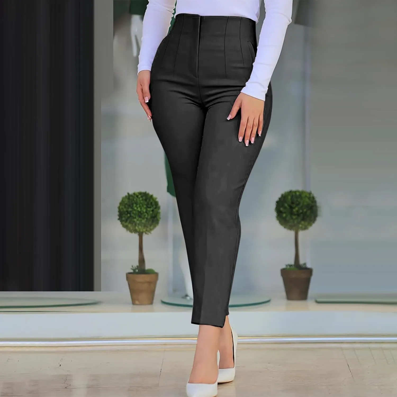 Dress Pants for Women Pleated High Waisted Work Pants Slim Fit Straight Leg Office Trousers Business Casual Outfits