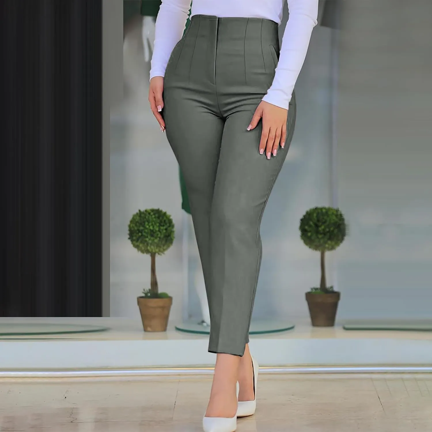 Dress Pants for Women Pleated High Waisted Work Pants Slim Fit Straight Leg Office Trousers Business Casual Outfits