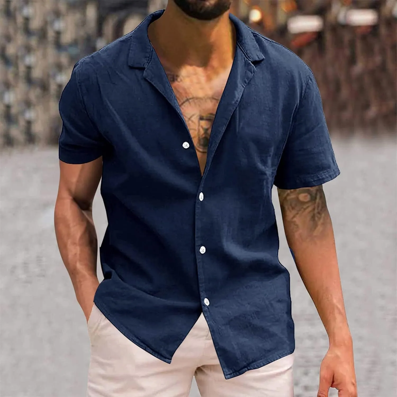 Dress Shirts for Men Wrinkle Free Cotton Linen Beach Shirts Bowling Shirts Black Button Down Shirt Men