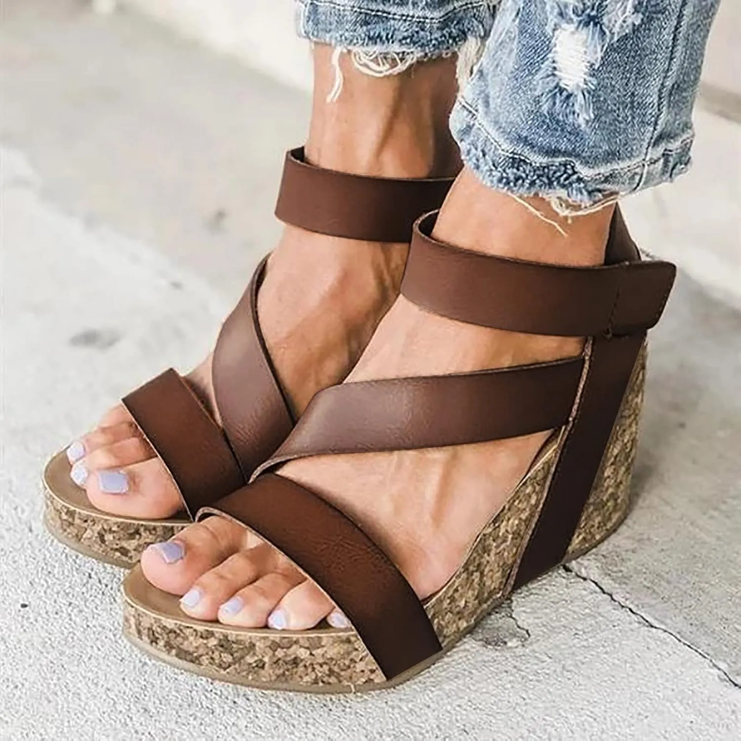 Eduavar Summer Sandals for Women, Orthopedic Sandals for Women Leather Wedge Platform Sandals Open Toe Sandals Shoes