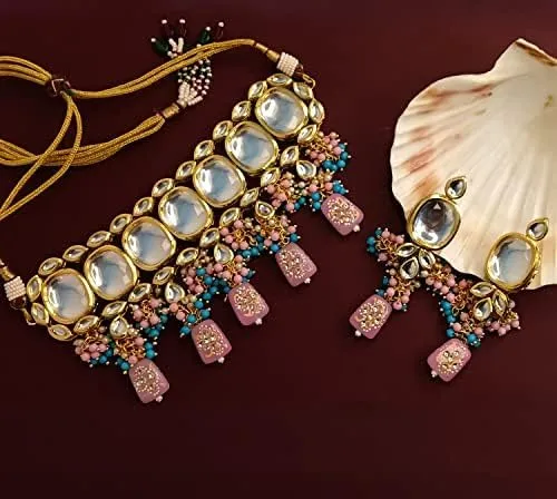 Efulgenz Indian Jewelry Choker Antique Kundan Crystal Choker Necklace Dangle Earrings Bollywood Jewelry Set for Women