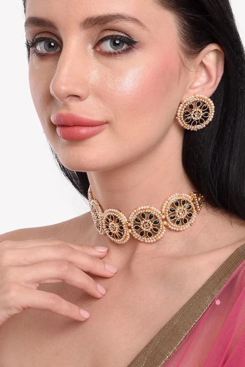 Efulgenz Pearl Choker Necklace and Earring Set Indian Jewelry Sets for Women Bollywood Jewelry Faux Pearl Floral Crystal Choker Necklace Stud Earrings Wedding Jewelry Set for Women