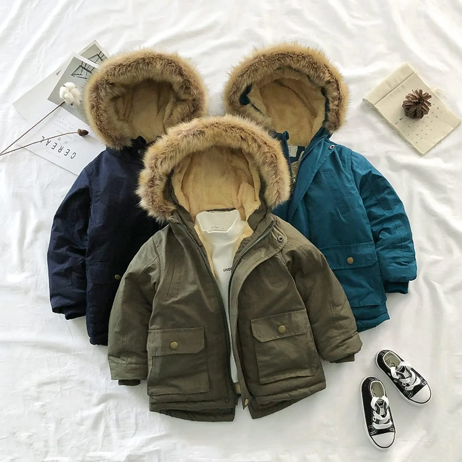 EISHOW Baby Boys' Winter Jackets Down Coats Toddler Faux Fur Hooded Overcoat Dress Warm Cotton Lined Thick Trench Outerwear