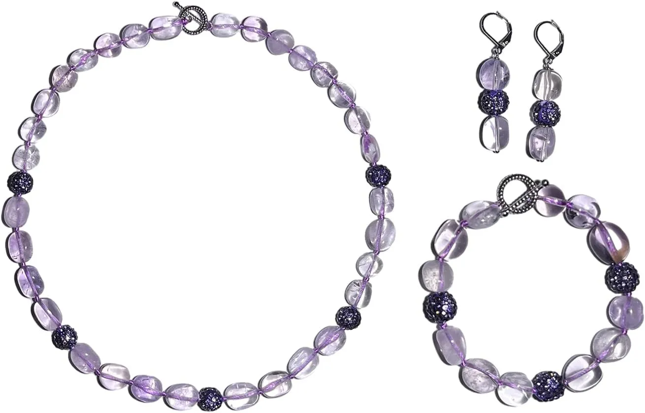 Elegant Set Natural Gemstone Handmade Beaded Necklace Earrings Bracelet Jewelry Set Fashion Jewelry For Women(Amethyst)