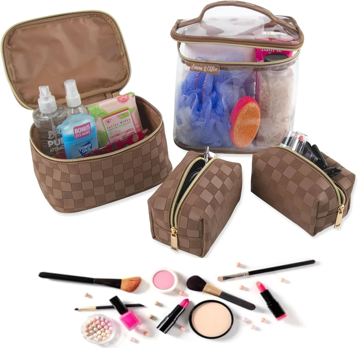 Emma & Chloe Travel Toiletry Bags for Women, 4 Piece Waterproof Cosmetic Case, Set, Pouch Makeup Organizer Bags for Women, Home Counters (Chic Checkerboard Mocha)
