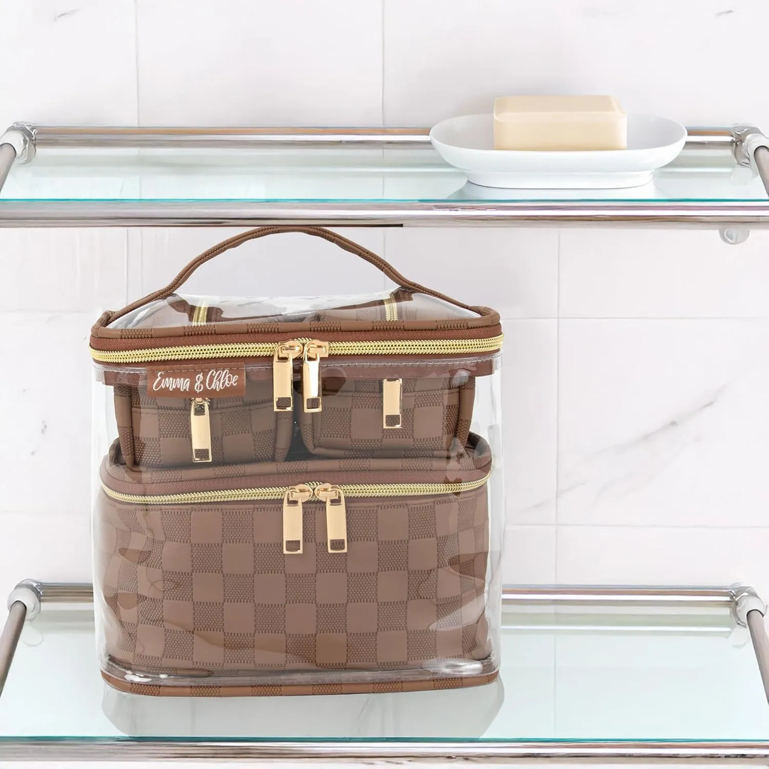Emma & Chloe Travel Toiletry Bags for Women, 4 Piece Waterproof Cosmetic Case, Set, Pouch Makeup Organizer Bags for Women, Home Counters (Chic Checkerboard Mocha)