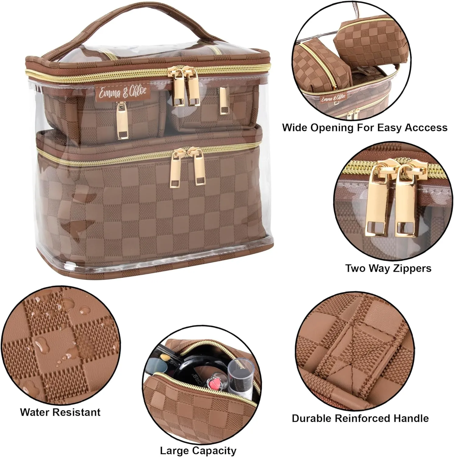 Emma & Chloe Travel Toiletry Bags for Women, 4 Piece Waterproof Cosmetic Case, Set, Pouch Makeup Organizer Bags for Women, Home Counters (Chic Checkerboard Mocha)