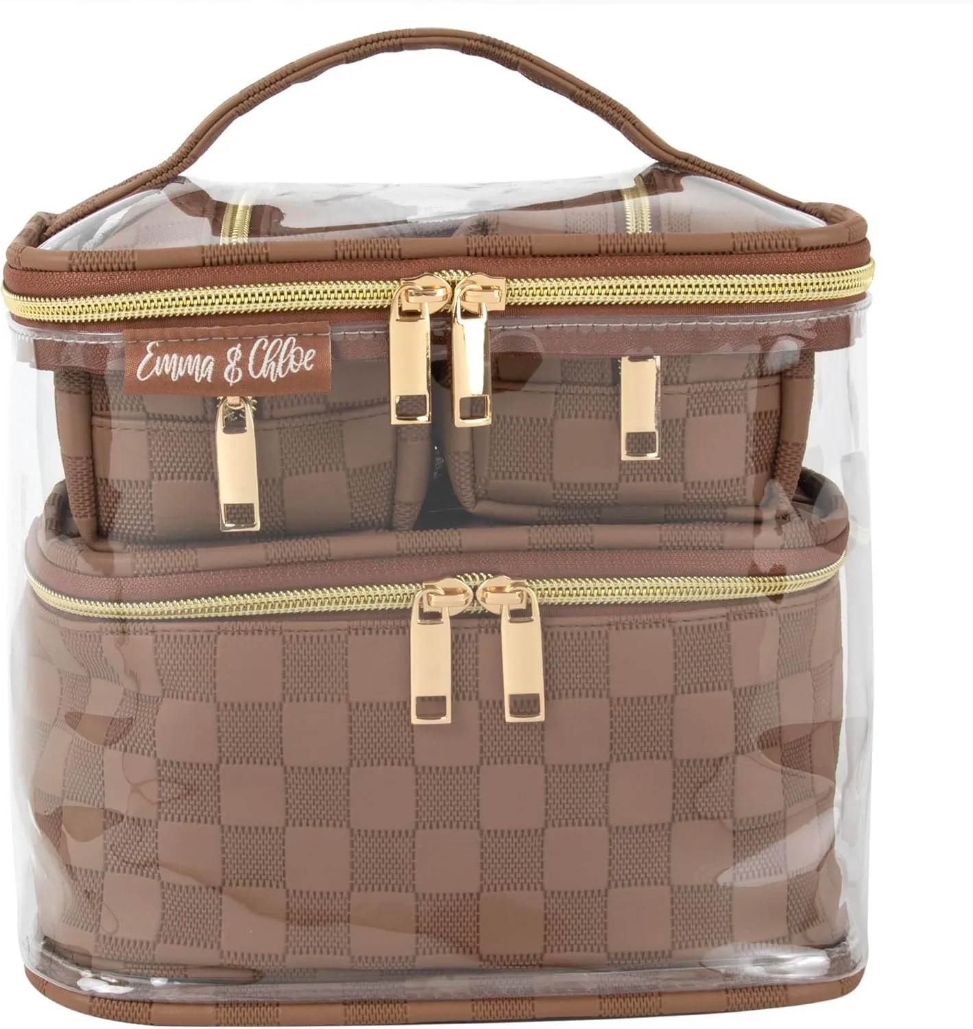Emma & Chloe Travel Toiletry Bags for Women, 4 Piece Waterproof Cosmetic Case, Set, Pouch Makeup Organizer Bags for Women, Home Counters (Chic Checkerboard Mocha)
