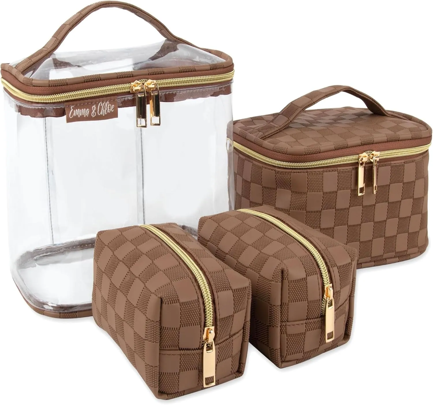 Emma & Chloe Travel Toiletry Bags for Women, 4 Piece Waterproof Cosmetic Case, Set, Pouch Makeup Organizer Bags for Women, Home Counters (Chic Checkerboard Mocha)