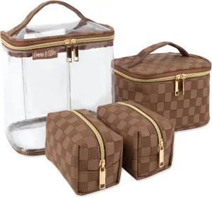 Emma & Chloe Travel Toiletry Bags for Women, 4 Piece Waterproof Cosmetic Case, Set, Pouch Makeup Organizer Bags for Women, Home Counters (Chic Checkerboard Mocha)