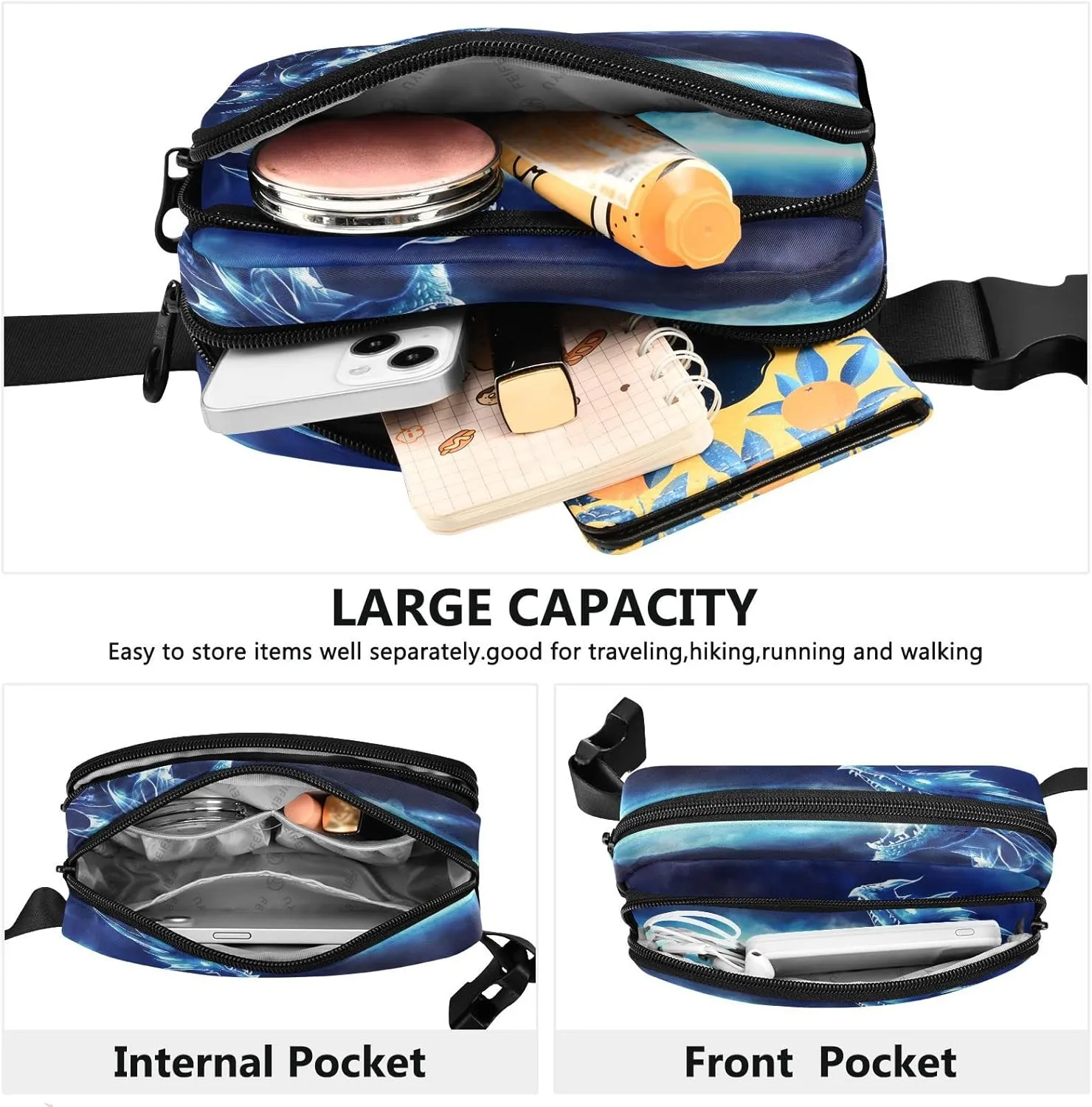 Exnundod Blue Angry Dragon Fanny Pack Waist Bag for Women Men, Art Design Adjustable Belt Bag Waterproof Fashion Waist Bag for Traveling Casual Running Hiking Cycling