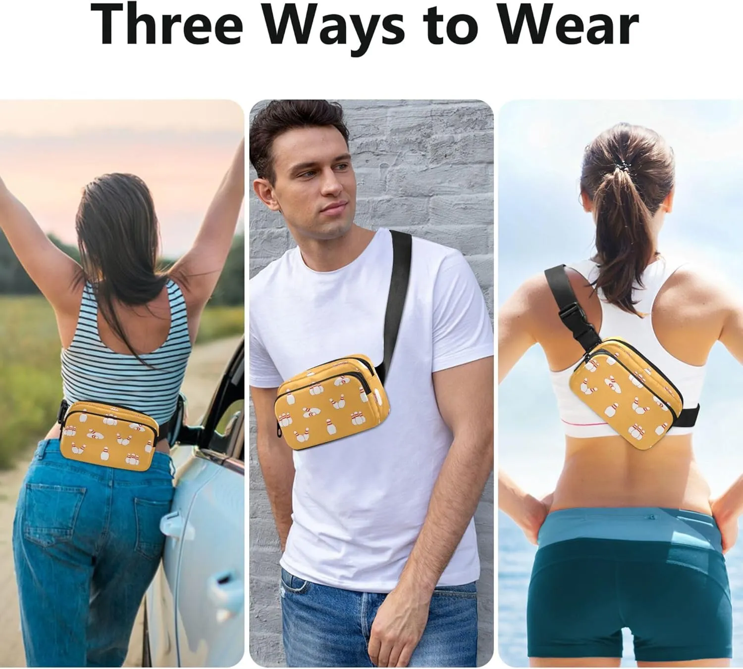 Exnundod Fanny Packs Cartoon Bowling Pin Pattern Running Waist Pack Women Crossbody Bags Waterproof Men Fanny Pack